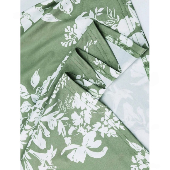 Floral Print White on Green Long Dress Sheath, Drawstring Ties Maxi Stretchy - Picture 14 of 16